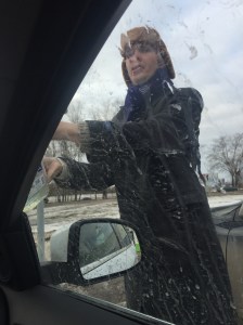 The car got dirty so Toman had to clean it mid trip